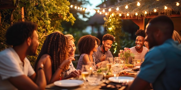 Een gevarieerde groep mensen die plezier hebben met het delen van verhalen en eten op een avondfeestje in de open lucht