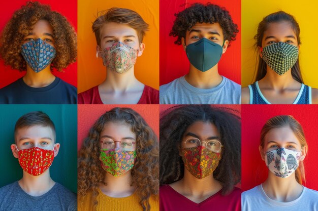 Een gevarieerde groep tieners met kleurrijke gezichtsmaskers