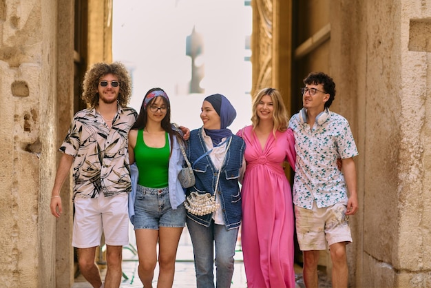 Een gevarieerde groep toeristen gekleed in zomerkleding wandelt door de toeristische stad met brede