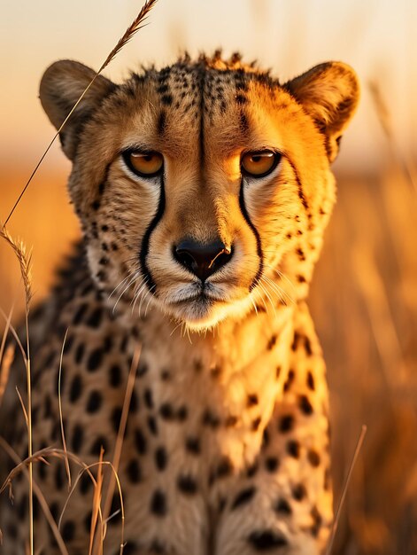 Een gewaarschuwd cheetah gezicht te midden van hoog gras in het gouden licht Hyper realistische illustratie Photo Art