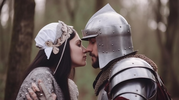 Foto een gewapende ridder en een vrouw die zoenen in een bos.