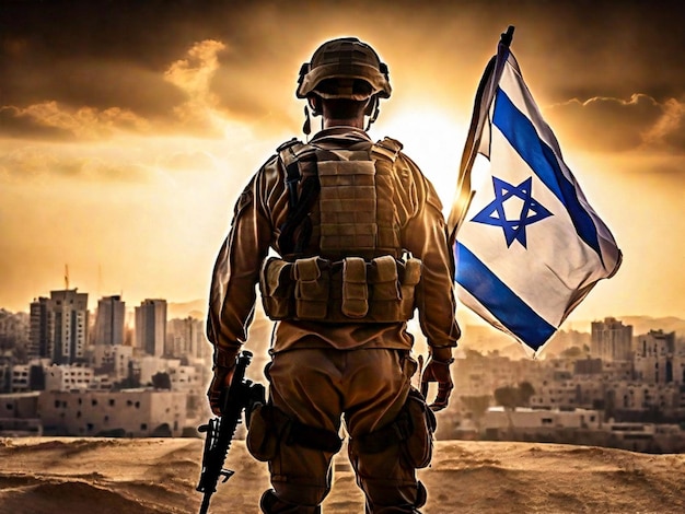 Een gewapende soldaat staat naast een Israëlische vlag.