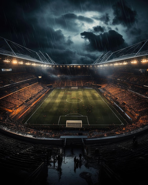 Een geweldige foto van een brandend voetbalstadion.