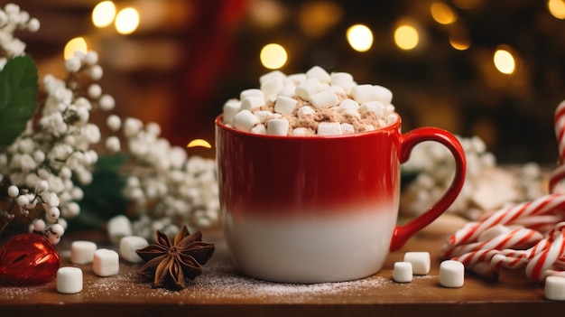 Een geweldige foto van gastronomische warme chocolademelk in een prachtige kerstmok