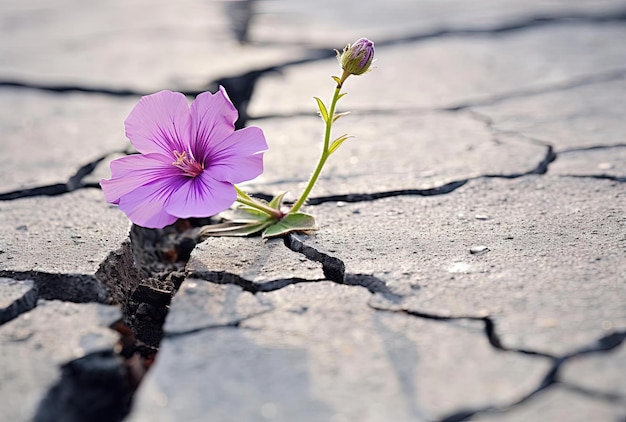 een gewonde bloem die door scheuren in een betonnen weg groeit in de stijl van licht paars en