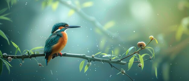 Een gewone kingfisher zit boven een wilgentak op een achtergrond van groen natuurlijk vaag panorama visueel rustgevend schot en ruimte Generatieve AI