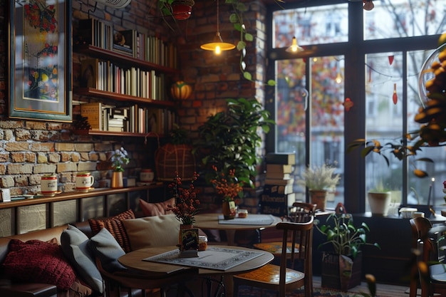 Foto een gezellig café met boeken op de muren.