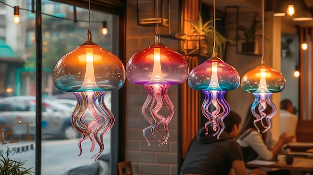 Een gezellig café met creatieve kwallenvormige lampen.