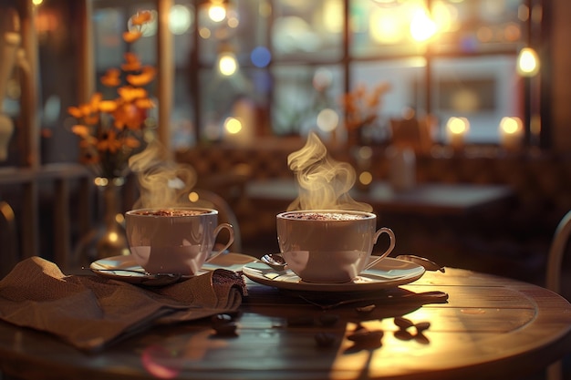 Een gezellig café met stoomende kopjes cacao.