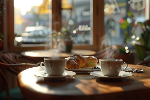 Een gezellig café met stoomende kopjes thee en gebak.