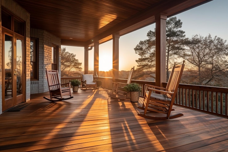 Foto een gezellig huis met veranda en schommelstoelen, perfect om te ontspannen na een lange dag.