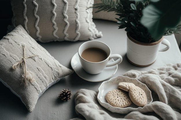 Een gezellig stilleven van een brunchscenario bij een raam een koffiekopje met wat koekjes Wit kerststerkussen wollen trui kaars en dennenboomtak Kerstgerelateerd idee een bovenaanzicht
