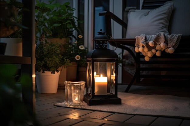 Een gezellig terras met een lantaarn, kaarsen en bloemen voor een romantische avond
