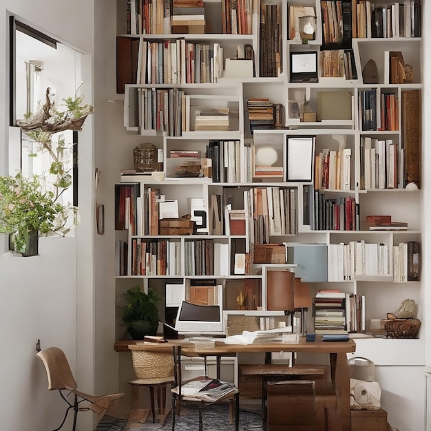 Een gezellig thuiskantoor met een muur vol boekenplanken en een comfortabel leeshoekje gegenereerd door AI
