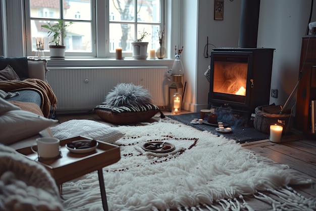 Foto een gezellig uitnodigend scandinavisch interieur met een open haard een pluizige tapijt en warme cacao