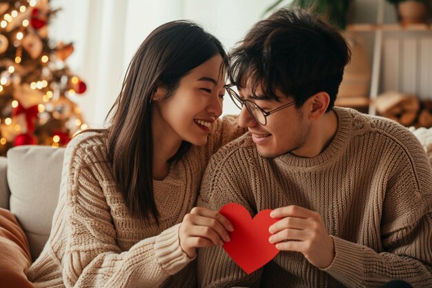 Een gezellige en aanhankelijke scène met een koppel dicht bij elkaar elk met een rood papieren hart