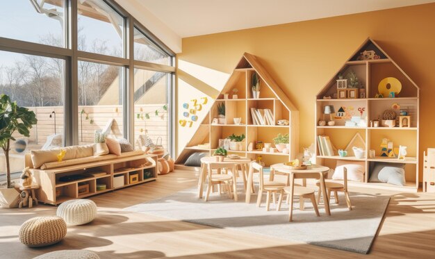 Een gezellige en kleurrijke kinderkamer met een comfortabele bank, een speelse tafel, levendige stoelen en een boekenplank