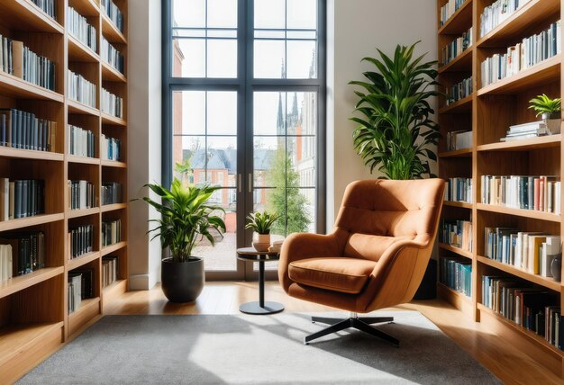 Een gezellige fauteuil die wacht op een lezer in een moderne bibliotheekkamer omringd door boekenplanken vol humor