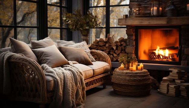 Foto een gezellige herfstdag in een landhuis met een open haard, een warme deken op een bank, kaarsen en boeken.