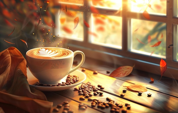 Een gezellige herfstomgeving met een stoomende kop latte met latte kunst omringd door koffiebonen een warme sjaal en levendige bladeren