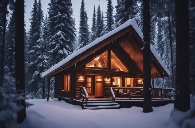 een gezellige hut gelegen in een met sneeuw bedekt bos met een warme gloed die uit de ramen komt