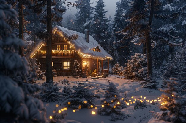 Een gezellige hut in een besneeuwd bos.