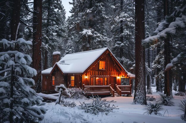 Een gezellige hut in een besneeuwd bos.