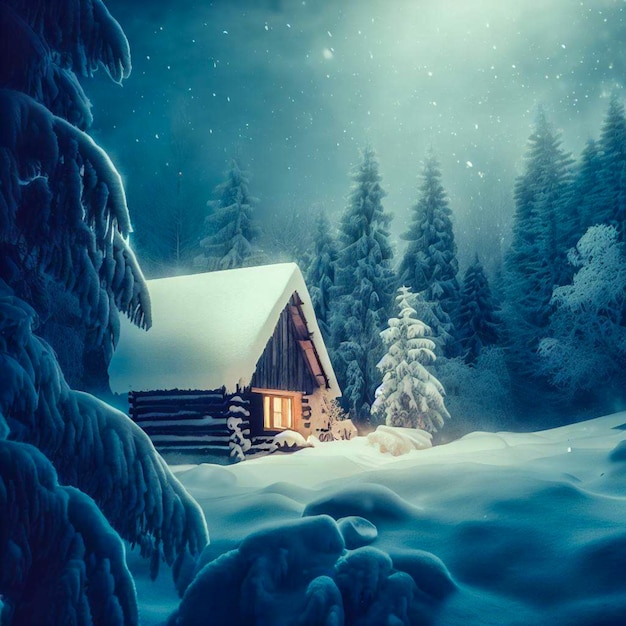 een gezellige hut in een filmisch winterwonderlandlandschap