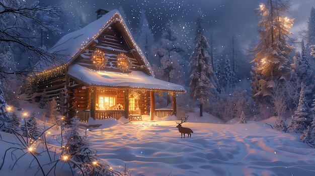 Een gezellige hut in het bos is de perfecte plek om een wintervakantie door te brengen de sneeuw valt buiten en het vuur knarst binnen