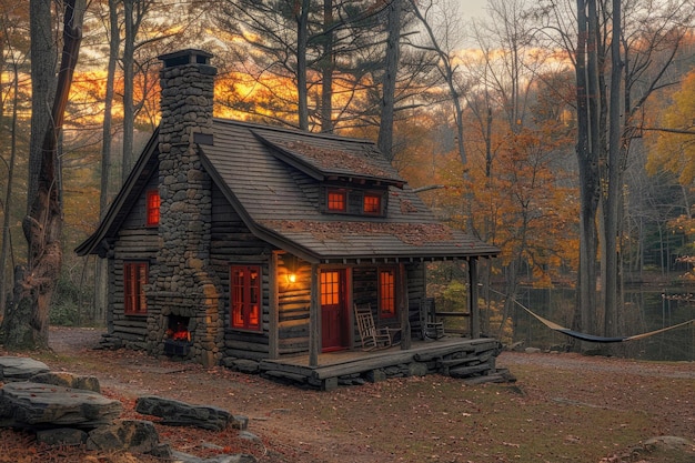 Een gezellige hut in het bos met een warm vuur en een uitzicht op de bergen.