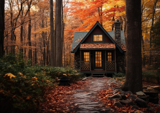 Een gezellige hut in het bos, omringd door herfstbladeren