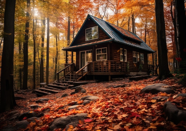 Een gezellige hut in het bos, omringd door herfstbladeren