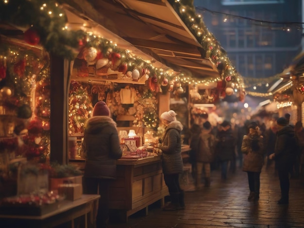 Foto een gezellige kerstmarktkraam versierd met warme lichten en feestelijke versieringen vangt de feestelijke