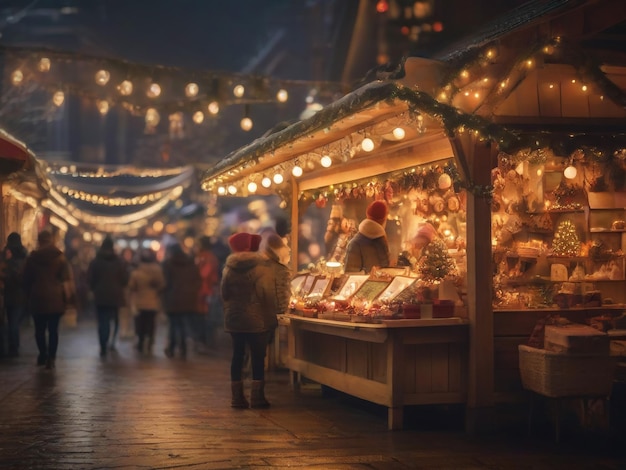 Foto een gezellige kerstmarktkraam versierd met warme lichten en feestelijke versieringen vangt de feestelijke