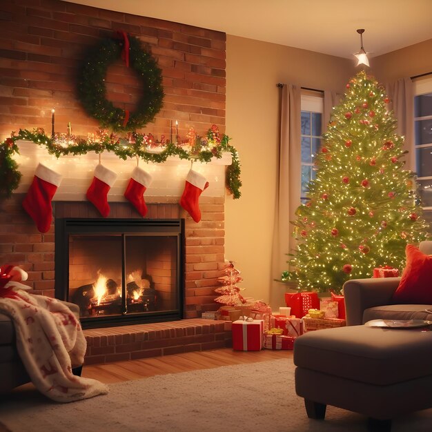 Een gezellige kerstscène in een woonkamer met een bakstenen open haard Realistische foto gegenereerd door AI