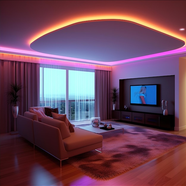 Een gezellige kleine woonkamer met kleurrijke indirecte LED-verlichting