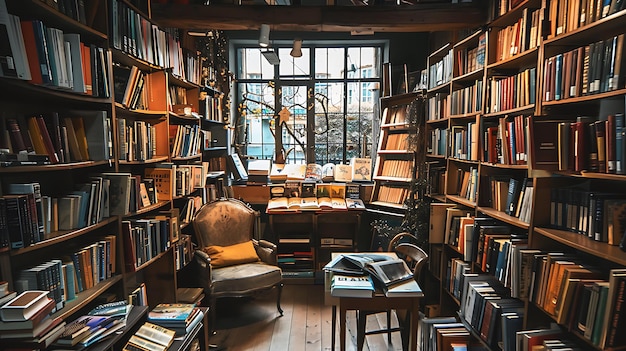 Een gezellige leeshoek in een vintage bibliotheek Een comfortabele fauteuil zit voor een raam omringd door boekenplanken