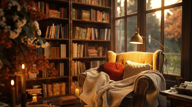 een gezellige leeshoek met een comfortabele fauteuil een boekenplank gevuld met boeken en zachte verlichting