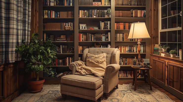 Foto een gezellige leeshoek met een comfortabele fauteuil een zachte deken en een warme lamp de perfecte plek om te ontspannen en te verdwalen in een goed boek