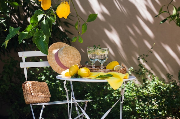 Een gezellige plek in de citroentuin met een tafel en limonade. Antibes, Frankrijk