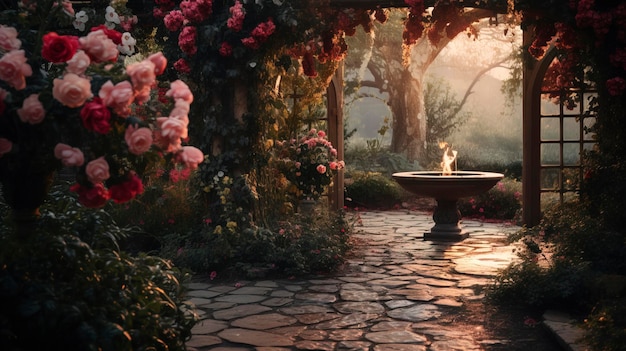 Een gezellige romantische tuin met rozen en kransen en lantaarns Generation AI