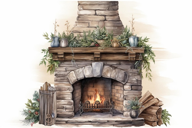 Een gezellige rustieke open haard met een mantel in Illustration Genative van Ai