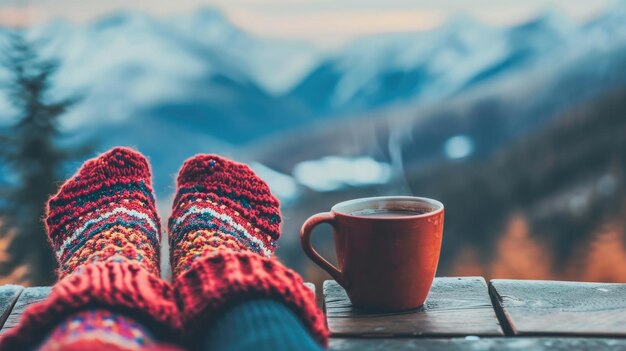 Een gezellige scène met een persoon met 39 voeten in sokken vergezeld van een kop koffie Perfect voor het tonen van ontspanning en comfort