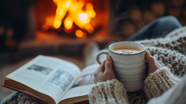 Een gezellige scène van een persoon met een warme kop thee bij een open haard met een boek in de buurt