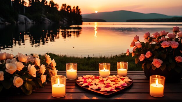 Foto een gezellige setup aan het meer met kaarsen die flikkeren in de zachte bries met hartvormige bloemblaadjes verspreid over