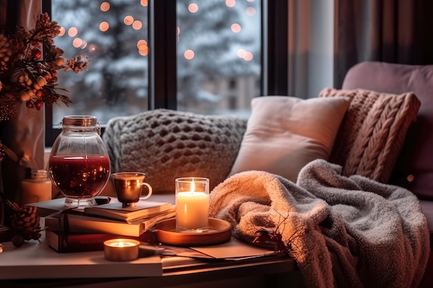 Foto een gezellige slaapkamer in een winterlandschap.