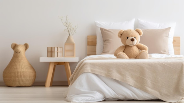 Een gezellige slaapkamer met een teddybeer op het bed.