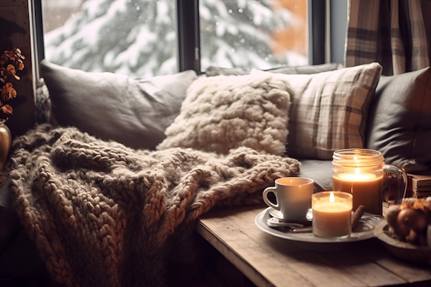 Foto een gezellige winter thuis bij het raam, doordrenkt met de gezellige charme van hygge