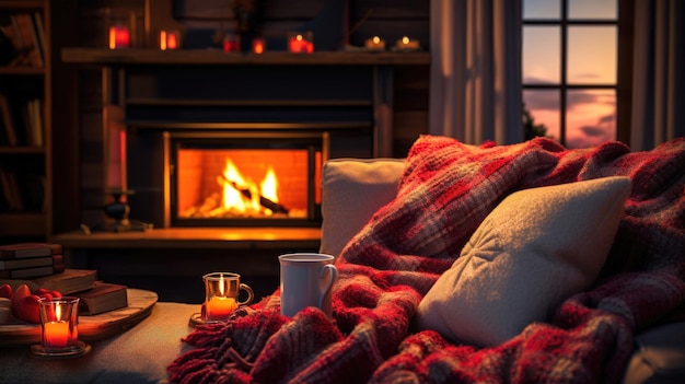 Foto een gezellige winteravond met een warm verlichte woonkamer en een knarrende open haard