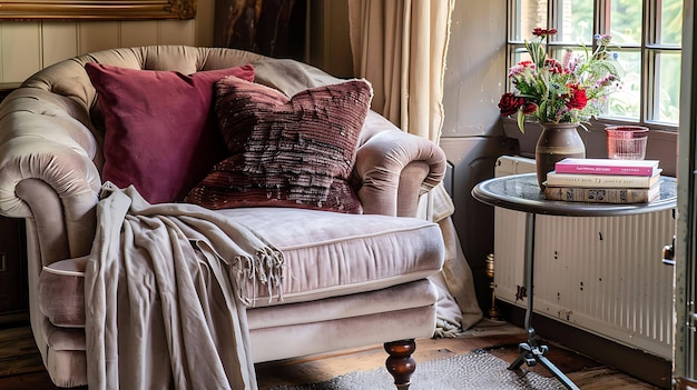 Een gezellige woonkamer met een zachte fauteuil en een kleine tafel met een vaas met bloemen